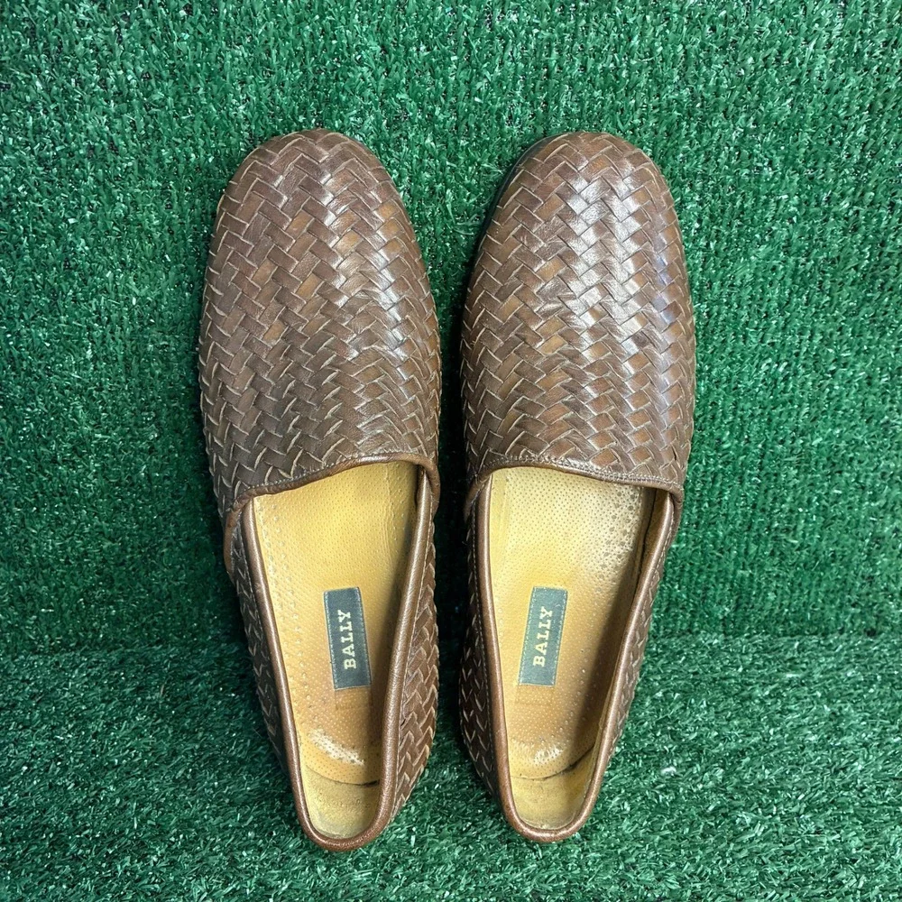 Bally Forino Woven Leather Slip On Loafer Italian Dress Shoe Brown Mens 9.5 D